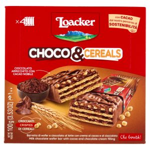 Loacker Choco & Cereals Barrette di Wafer e Cioccolato al Latte con crema al Cioccolato 25gx4
