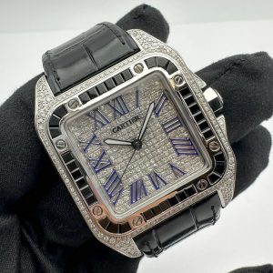 Cartier Santos 100 XL 2656 Automatic 38x51mm Custom Diamonds Aftermarket Pavee Dial Black